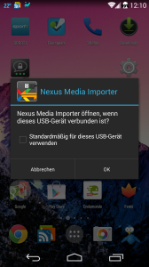 Screenshot Nexus Media Importer Abfrage beim Anschließen des USB Hubs