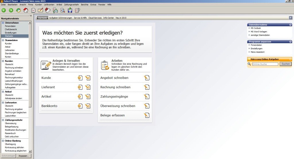 Startfenster in büro easy 2015 - zeigt, was die Buchhaltungssoftware alles kann