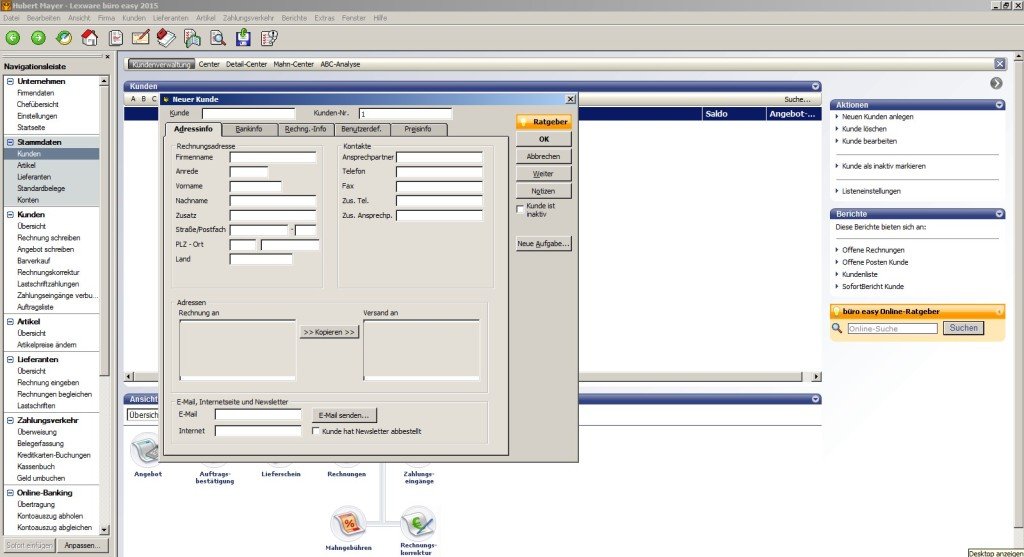 Kundenanlage in der Buchhaltungssoftware büro easy von Lexware