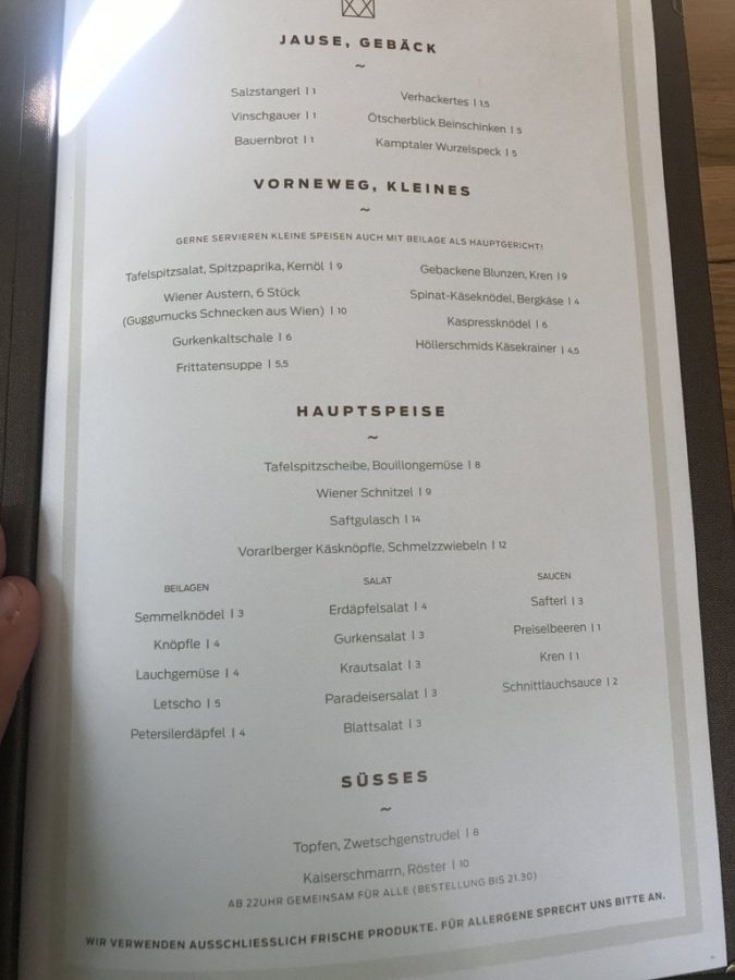 Speisekarte im Kaiser und Schmarrn Stuttgart