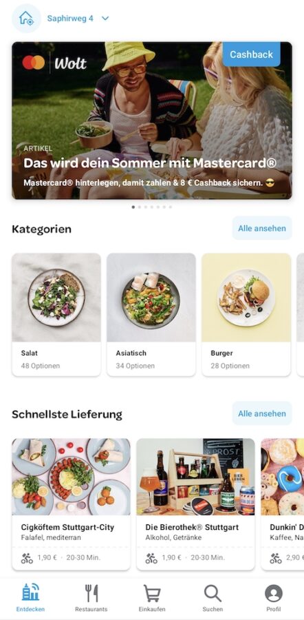 Startbildschirm in der Android App von Wolt mit Aktion von Mastercard